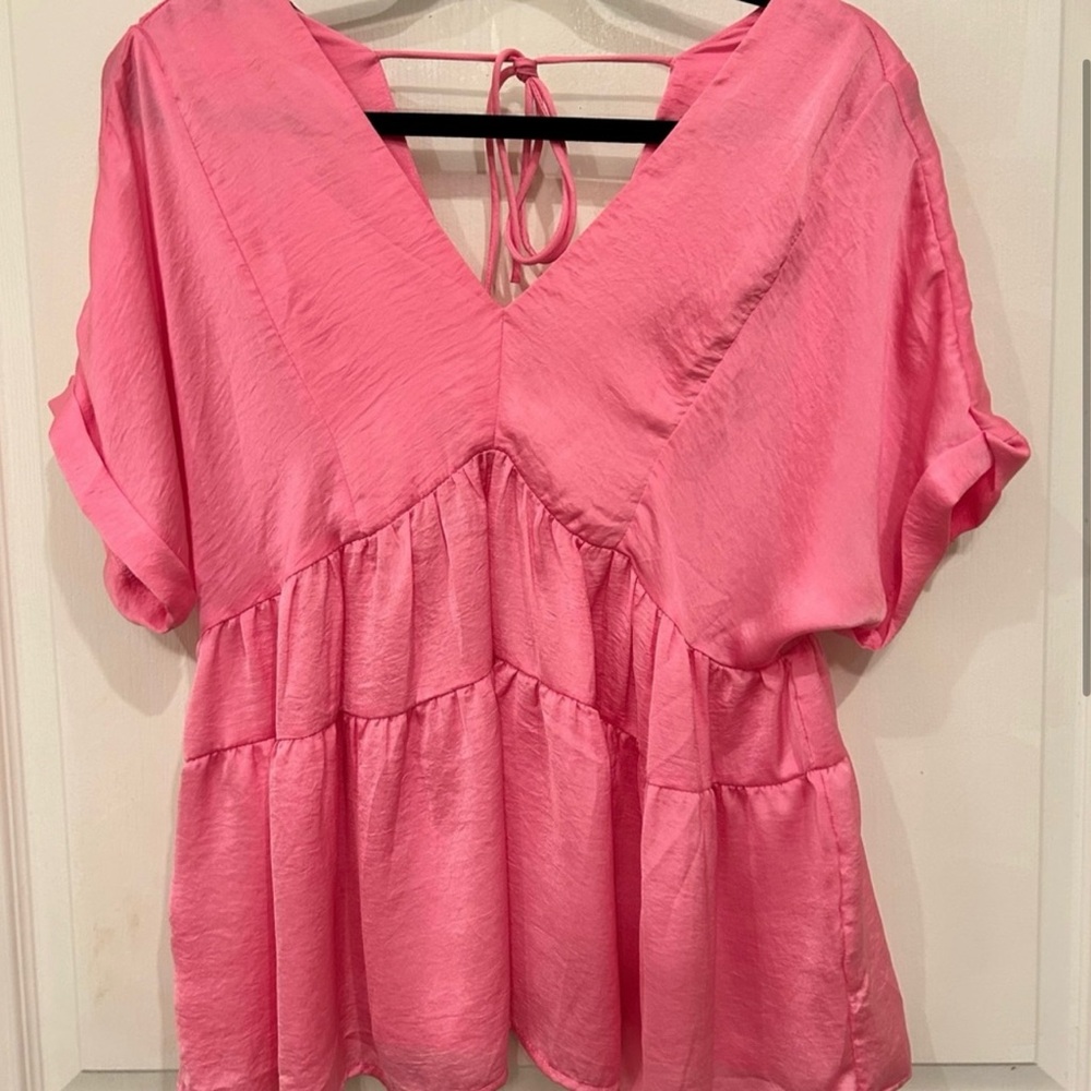 Entro Pink Tie Front Short Sleeve Blouse